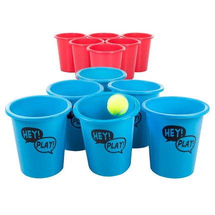Giant Yard Pong Outdoor Game Set – 12 Buckets, 2 Balls & Tote, Red/Blue