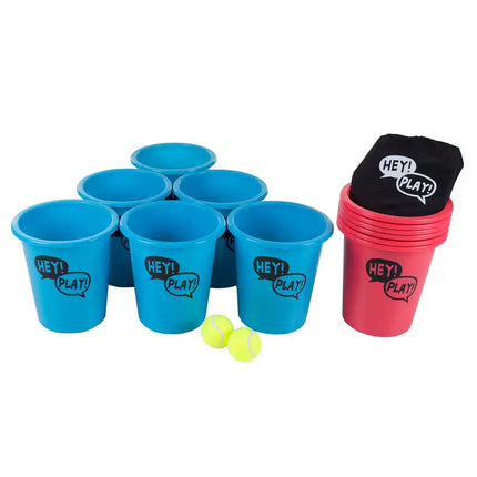 Giant Yard Pong Outdoor Game Set – 12 Buckets, 2 Balls & Tote, Red/Blue