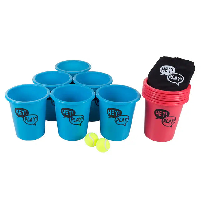Giant Yard Pong Outdoor Game Set – 12 Buckets, 2 Balls & Tote, Red/Blue