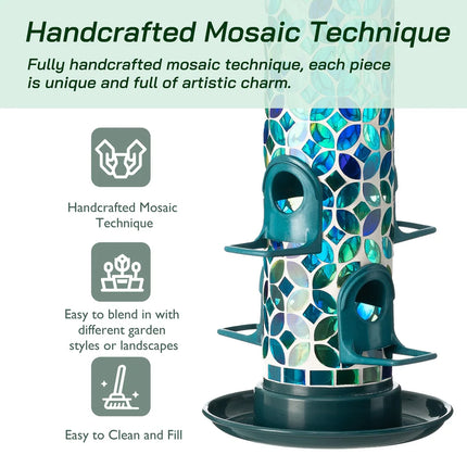 20 Inch Tall Hanging Blue Green Mosaic Bird Feeder Outdoor Garden Decor