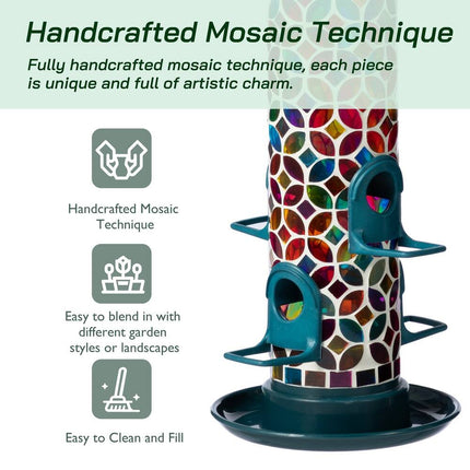 20 Inch Tall Hanging Blue Green Mosaic Bird Feeder Outdoor Garden Decor