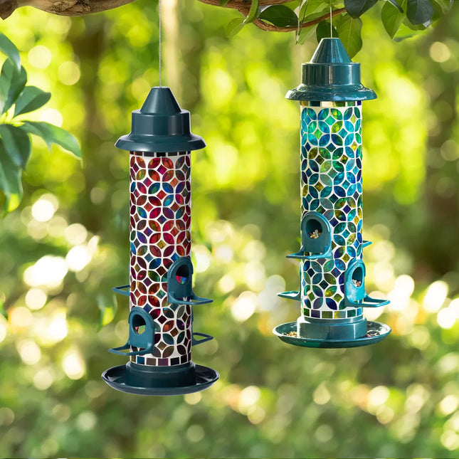 20 Inch Tall Hanging Blue Green Mosaic Bird Feeder Outdoor Garden Decor