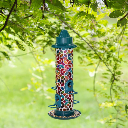 20 Inch Tall Hanging Blue Green Mosaic Bird Feeder Outdoor Garden Decor