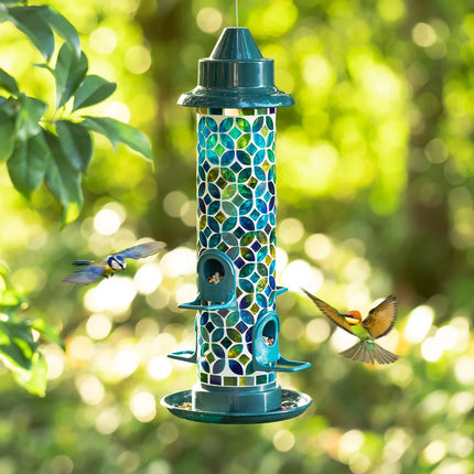 20 Inch Tall Hanging Blue Green Mosaic Bird Feeder Outdoor Garden Decor