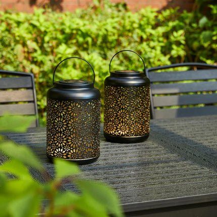 Set of 2 Metal Flower Solar Hanging Lanterns Outdoor Garden Decor Lights