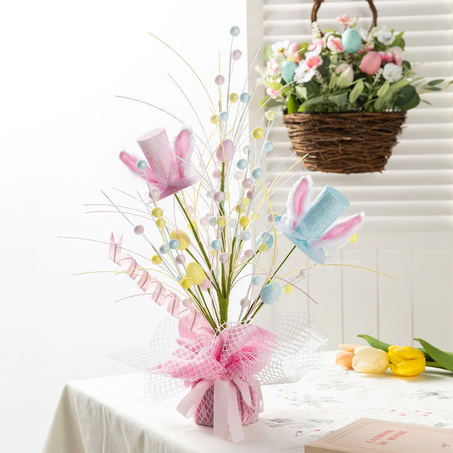 Pink Easter Table Tree with Eggs and Lavender Top Hat Decoration