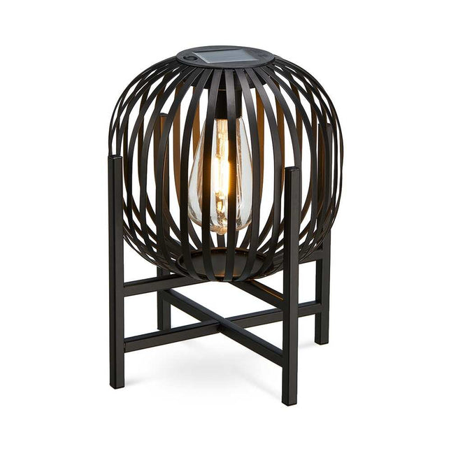 Outdoor Black Metal Striped Solar Lantern Freestanding Deck Lamp 11.5-Inch 1-Piece