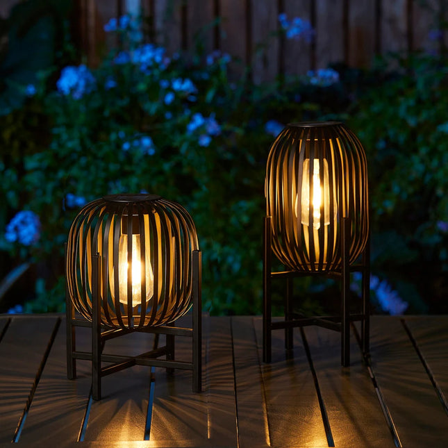 Outdoor Black Metal Striped Freestanding Solar Lantern Deck Light Lamp