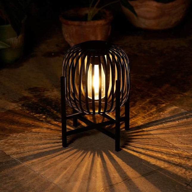 Outdoor Black Metal Striped Solar Lantern Freestanding Deck Lamp 11.5-Inch 1-Piece