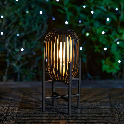 Outdoor Black Metal Striped Freestanding Solar Lantern Deck Light Lamp