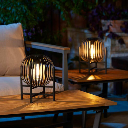 Outdoor Black Metal Striped Freestanding Solar Lantern Deck Light Lamp