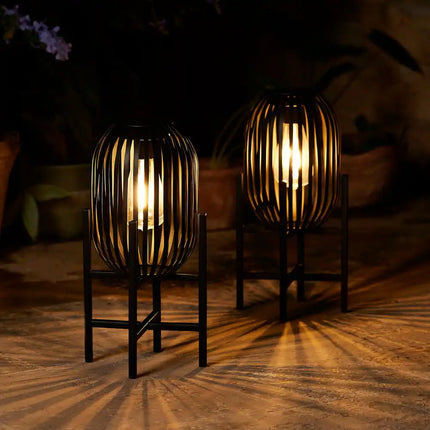 Outdoor Black Metal Striped Freestanding Solar Lantern Deck Light Lamp