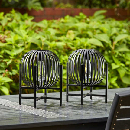 Outdoor Black Metal Striped Freestanding Solar Lantern Deck Light Lamp