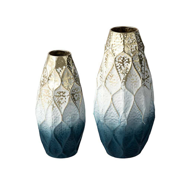 Set of 2 Abstract Ombre Blue and Gold Metal Decorative Vases Modern Home Decor