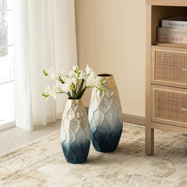 Set of 2 Abstract Ombre Blue and Gold Metal Decorative Vases Modern Home Decor
