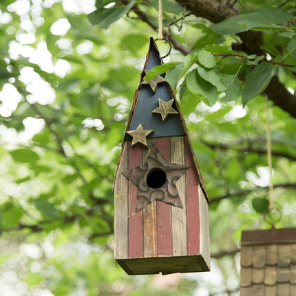 Wooden Patriotic Distressed Garden Birdhouse with Stars – Rustic Outdoor Decor