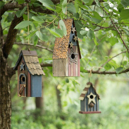 Wooden Patriotic Distressed Garden Birdhouse with Stars – Rustic Outdoor Decor