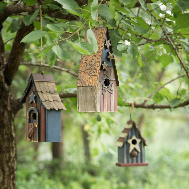Wooden Patriotic Distressed Garden Birdhouse with Stars – Rustic Outdoor Decor