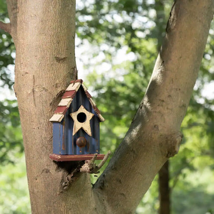 Wooden Patriotic Distressed Garden Birdhouse with Stars – Rustic Outdoor Decor