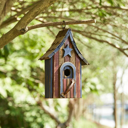 Wooden Patriotic Distressed Garden Birdhouse with Stars – Rustic Outdoor Decor