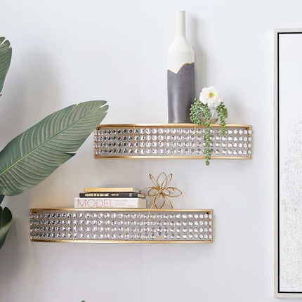 Set of 2 Gold Metal Half Moon Wall Shelves Crystal Embellishments Decorative Storage