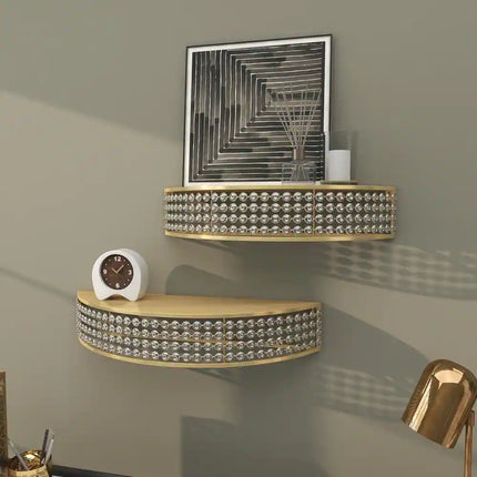 Set of 2 Gold Metal Half Moon Wall Shelves Crystal Embellishments Decorative Storage