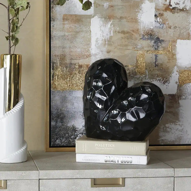 Black Porcelain Ceramic Origami Heart Sculpture Modern Dimensional Decorative Accent