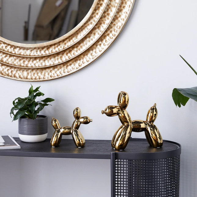 Gold Porcelain Ceramic Balloon Dog Sculpture Set of 2 Decorative Figurines