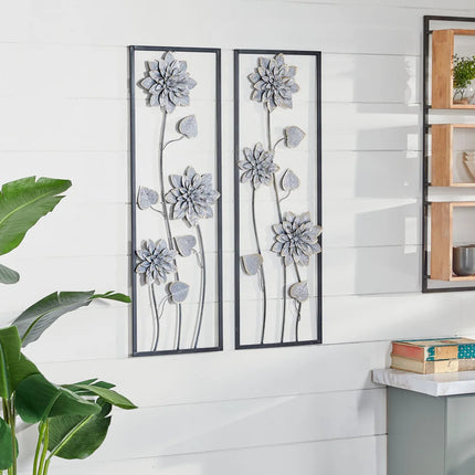 Gray Metal Floral Wall Decor Set of 2 with Black Frame Home Accent Art