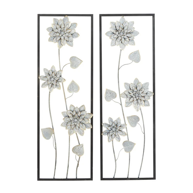 Gray Metal Floral Wall Decor Set of 2 with Black Frame Home Accent Art