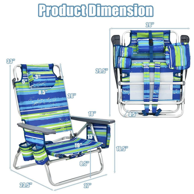 2PCS Folding Backpack Beach Chair Reclining Camping Chair with Carry Straps