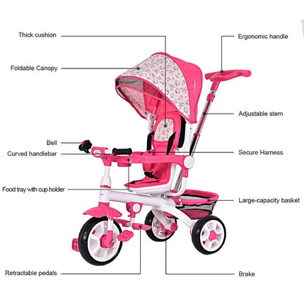 Pink Baby Stroller Tricycle Detachable Learning Toy Bike for Toddlers