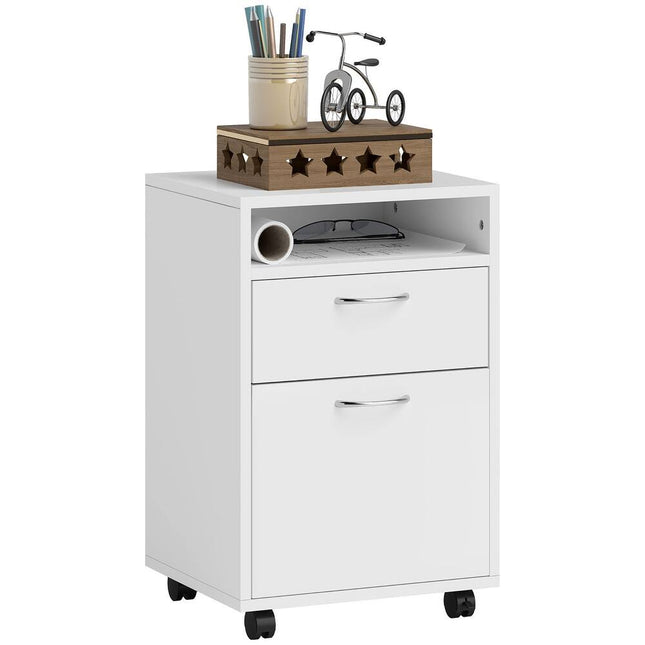 24" Mobile Printer Cart with 2 Drawers, White Office Storage Printer Stand