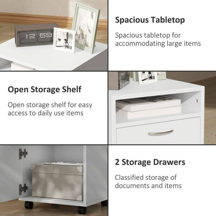 24" Mobile Printer Cart with 2 Drawers, White Office Storage Printer Stand