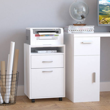 24" Mobile Printer Cart with 2 Drawers, White Office Storage Printer Stand