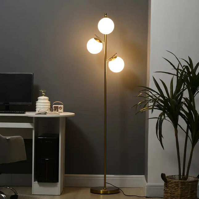 3-Light Modern Floor Lamp Gold Tree Standing Lamp Globe Shade Living Room