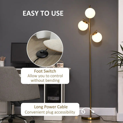 3-Light Modern Floor Lamp Gold Tree Standing Lamp Globe Shade Living Room