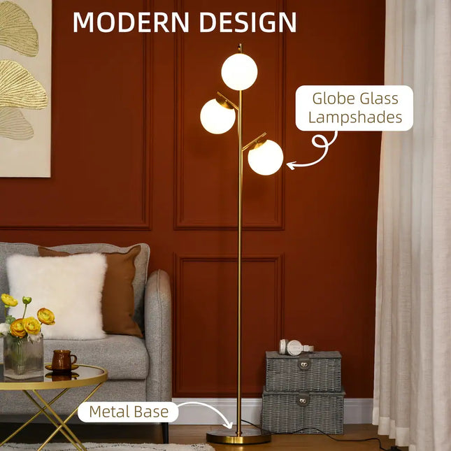 3-Light Modern Floor Lamp Gold Tree Standing Lamp Globe Shade Living Room