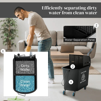 21 Quart Mop Bucket with Wringer on Wheels, Separate Clean and Dirty Water System