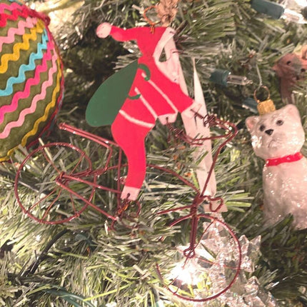 Recycled Wire Santa Bicycle Rider Ornament Set of 2 Handmade Decor