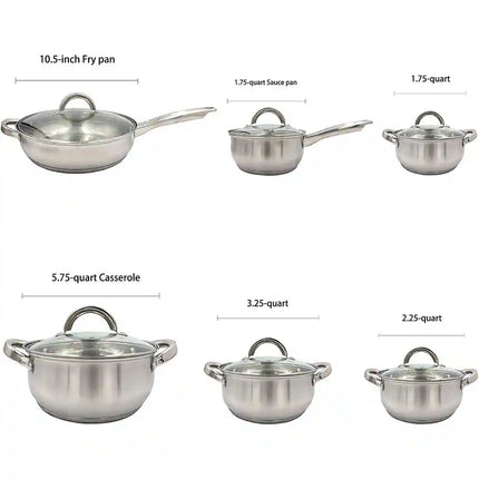 12-Piece Concept Silver Stainless Steel Cookware Set – Includes Glass Lids