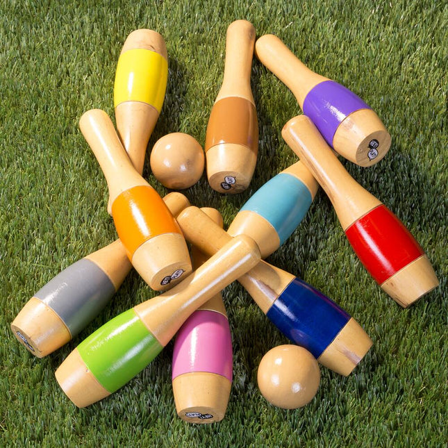 9.5" Wooden Multicolored Lawn Bowling Set – Classic Outdoor Game