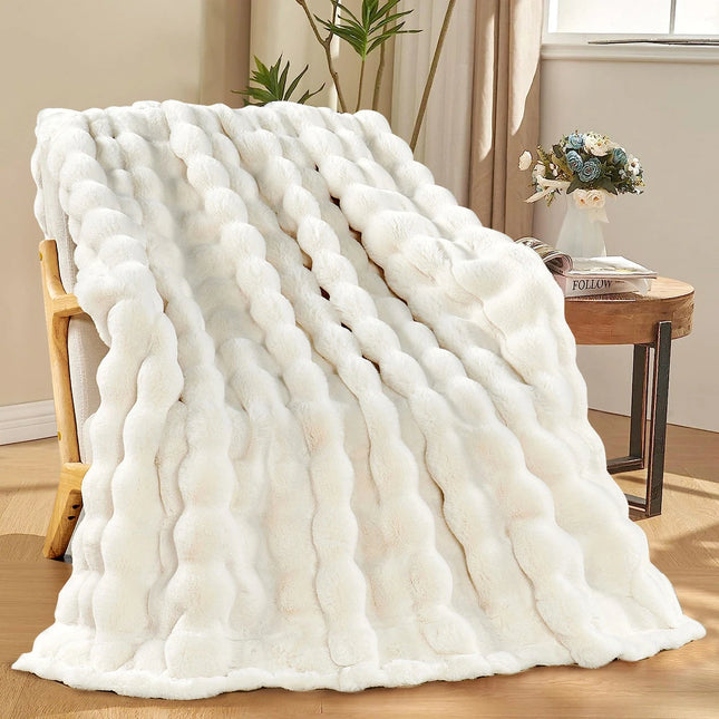 Bubble Textured Faux Fur Throw Blanket Cozy Soft Home Decor Accent