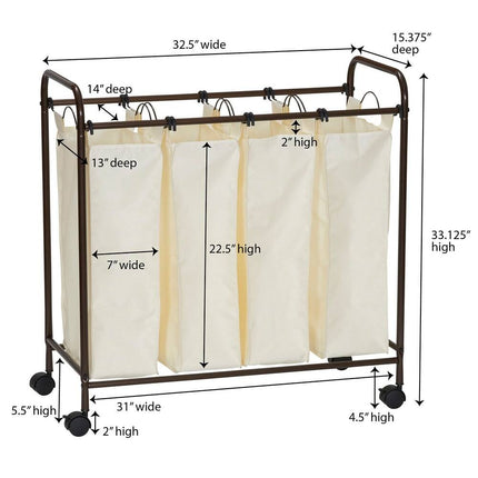 4 Bag Laundry Sorter Cart with Removable Washable Bags for Easy Organization