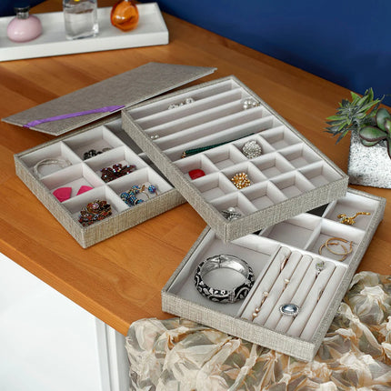 Stackable 3-Tier Jewelry Storage Trays in Latte for Organized Accessories