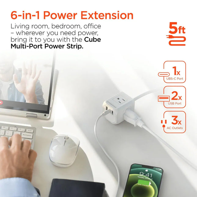 Cube Multi-Port Power Strip Extension Cord with Multiple Outlets