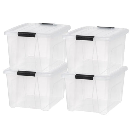 Buckled Clear Storage Box 32 Qt Set of 4 with Secure Buckle Lids