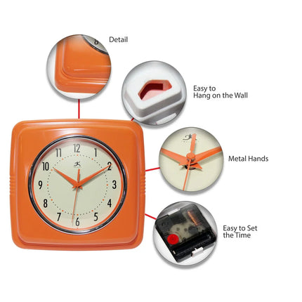 Infinity Instruments Retro 9.25" Square Wall Clock – Classic Design