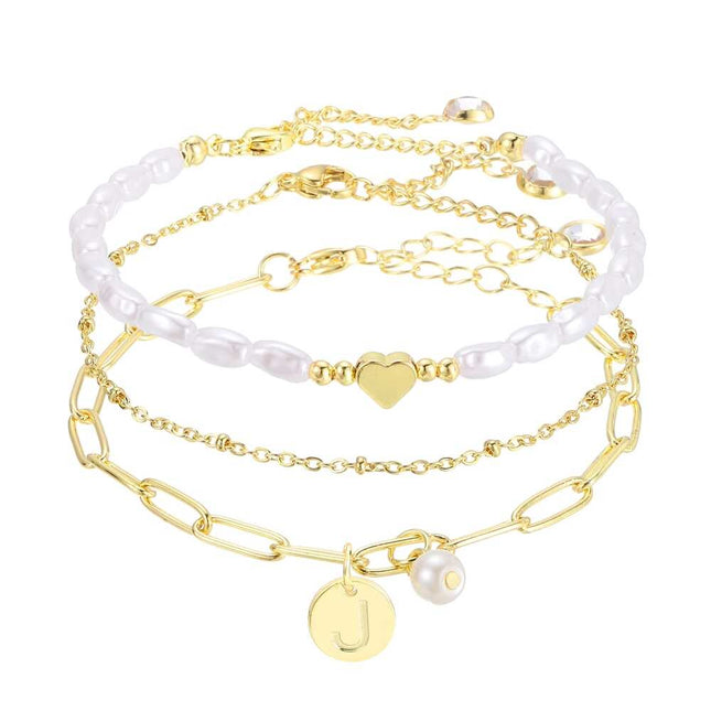 Initial Bracelet for Women, Layered Chain Link Design with Pearl, Elegant Jewelry