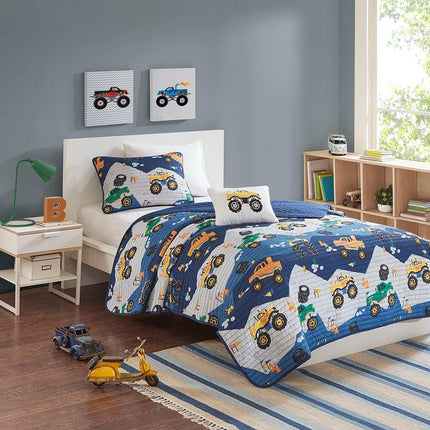 Nash Monster Truck Reversible Quilt Set with Throw Pillow, Twin Size Bedding